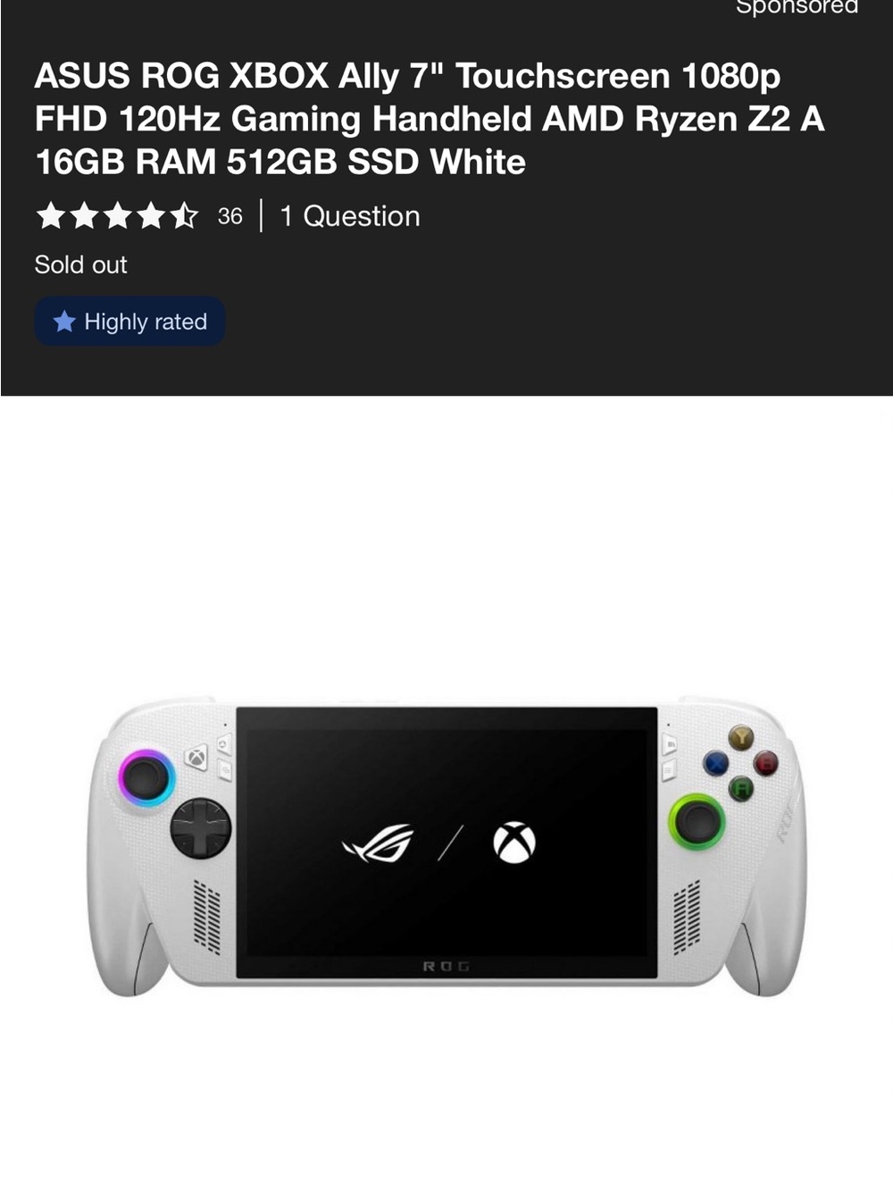 ASUS ROG Ally Handheld Gaming Console - White with RGB Accents